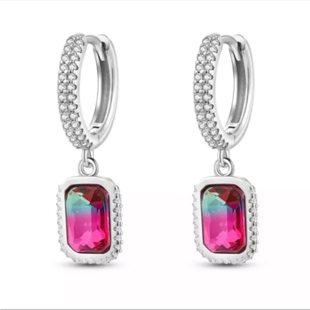 925 Sterling Silver Watermelon Ombre Cubic Zirconia Hoop Earrings